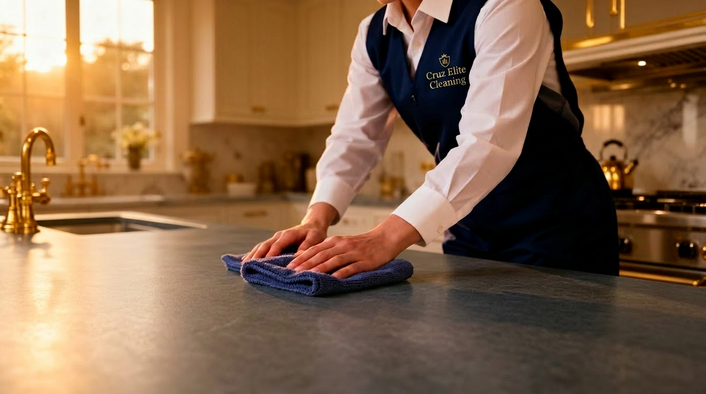 Cruz Elite professional cleaner polishing a marble counter at golden hour in a Yukon Oklahoma home